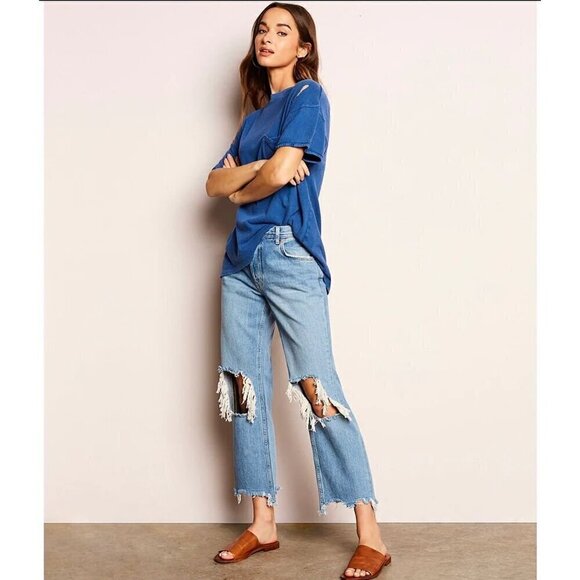 FREE PEOPLE Maggie Straight Leg Mid Rise Distressed Denim Jeans in Blue US 28 - Picture 13 of 14